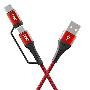Boat Deuce USB 300 2 en 1 de type C et micro USB résistant aux contraintes, sans enchevêtrement, câble robuste avec charge rapide 3A et transmission de données de 480 Mbps, 10000+ plies de durée de vie et longueur de 1,5 m (rouge martien), plus de longueur) (Martian Red)