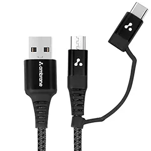 Ambrane 2 en 1 câble de type C et micro USB avec charge rapide 60W / 3A, données de 480 Mbps de haut, technologie PD et charge rapide 3.0, compatible avec tous les appareils de type C et micro USB (ABDC-10, noir)