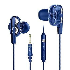 PTRON BOOM ULTIMA 4D Double pilote, écouteur filaire à jeu intra-auriculaire avec micro en ligne, contrôle de volume et écoulement passif Boom 3 écouteurs – (bleu foncé)
