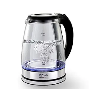INALSA Electric Kettle Prism Inox – 1350 W avec éclairage LED et corps boro-silicaté, 1,8 L avec une base sans fil, une garantie de 2 ans (noir)