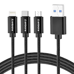 Ambrane Unbreakable 3 en 1 Câble polyvalent tressé à charge rapide pour haut-parleur avec 2,1 la vitesse – 1,25 mètre, noir
