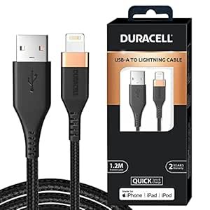Duracell USB Lightning Apple Certified (MFI) Traided Sync & Charge Cable pour iPhone, iPad et iPod. Câble éclair de charge rapide, 3,9 pieds (1,2 m) – noir
