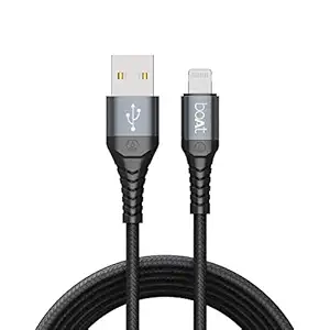 Boat LTG 550V3 Lightning Apple MFI Câble certifié avec boîtier en aluminium de qualité spatiale, résistance aux contraintes, charge rapide 2,4a et synchronisation de données de 480 Mbps, longueur de 1 m et 10000+ Bends LifeSpan (Black Mercurial)