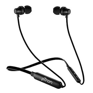 Ptron Tangent Lite Bluetooth 5.0 Écouteurs avec micro, couche à col stéréo Hi-Fi, 8 heures de jeu, écouteur incontournable léger, Assistant IPX4 résistant à l’eau, charge rapide et vocale (noir)